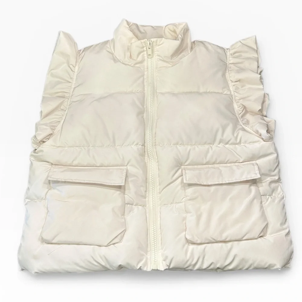 Jodifl Ruffle Sleeve Full Zip Puffer Vest Cream Pockets Size Large - Picture 2 of 11